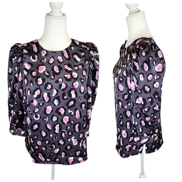 3/$15 | Bar III Black Pink Leopard Puff Ruffle Shoulder Blouse Size Small - Picture 2 of 15
